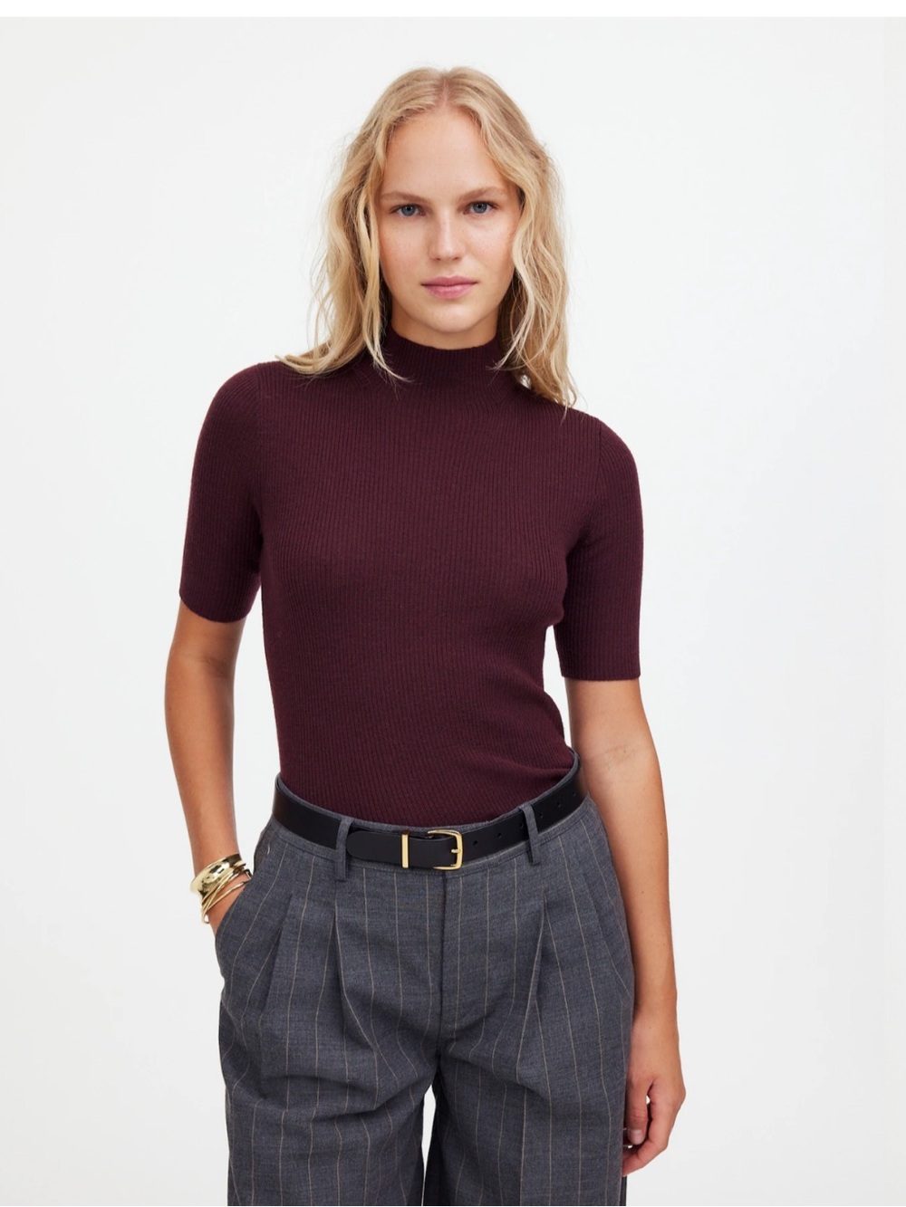 Madewell Ribbed Merino Wool Mockneck Sweater Tee Plum Purple XS